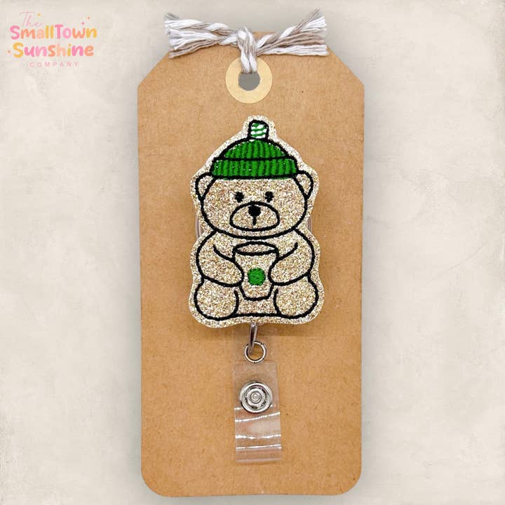 Tan Coffee House Bear Badge Reel for wholesale by The SmallTownSunshine Company