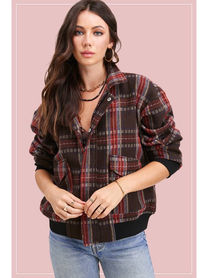 La Miel - Wholesale Bomber Jacket - Women's - JKT1750-Relaxed Fit Checkered Bomber Button Down Jacket6