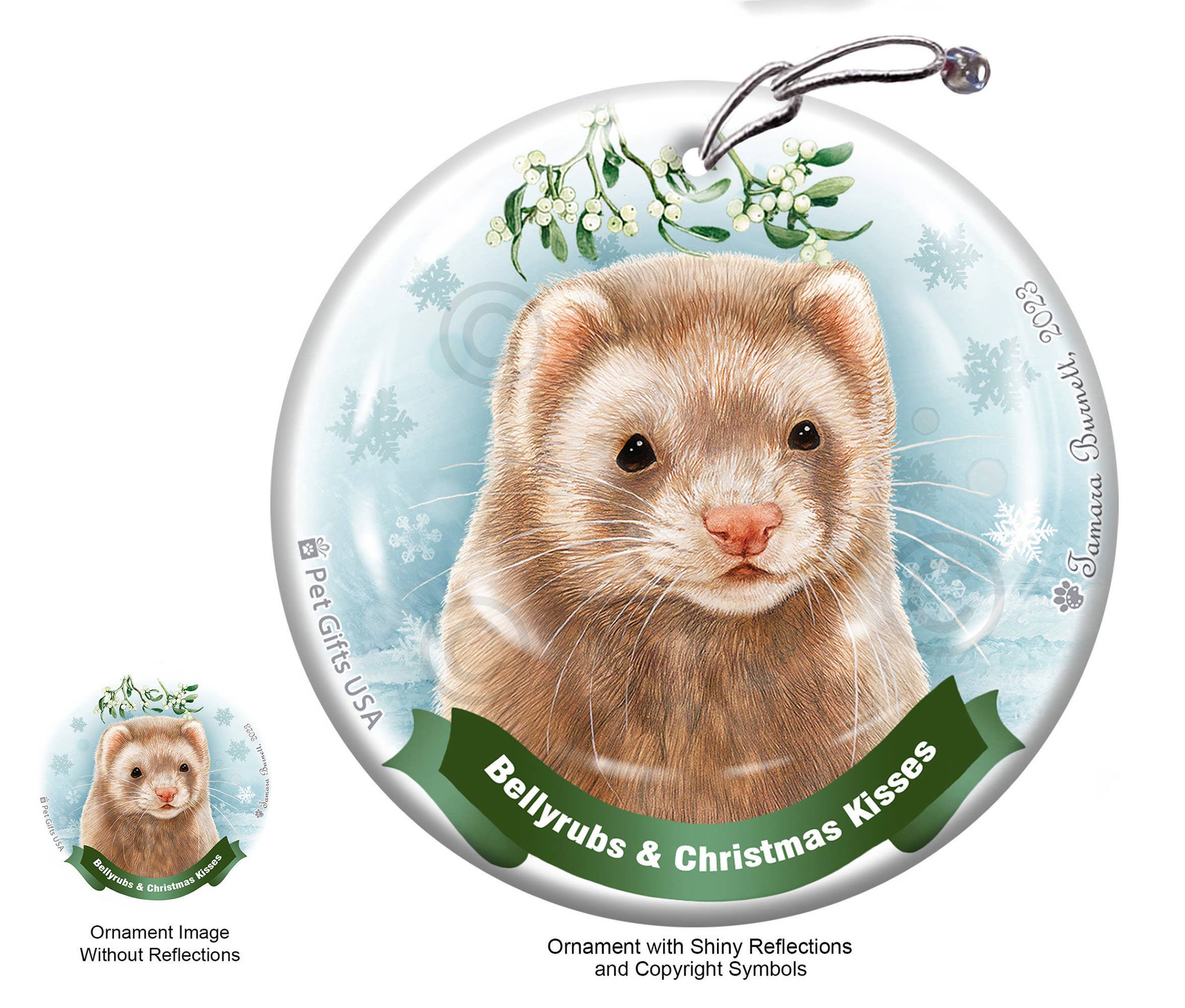 Pet Gifts USA, LLC - Venta al por mayor Adornos - Adorno con forma de hurón y besos navideños en forma de canela0