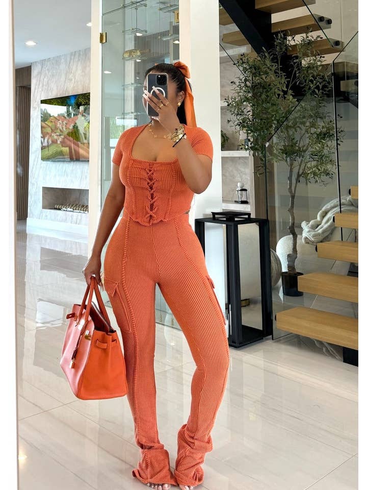 Boswell - Wholesale Top & Pant Set (NOT Loungewear) - Women's - LACE UP DETAIL TOP AND PANTS SET