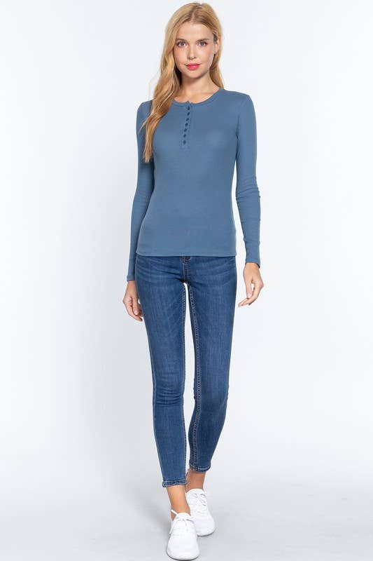 Blå-Steel Blå Långärmad rund hals med knappknäppning Ribbstickad topp för wholesale på Faire3