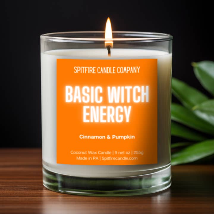 Basic Witch Energy | Cinnamon and Pumpkin Coconut Wax Scented Candle for wholesale by Spitfire Candle Company