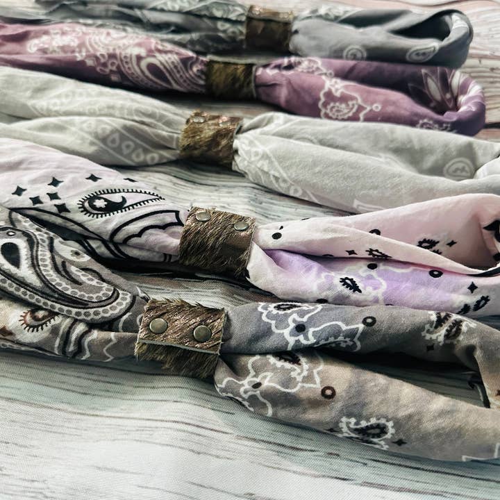 Boots Are My Roots - Wholesale Bandana – Women's - Purple & Grey Hand Dyed Bandanas with Leather Slides1