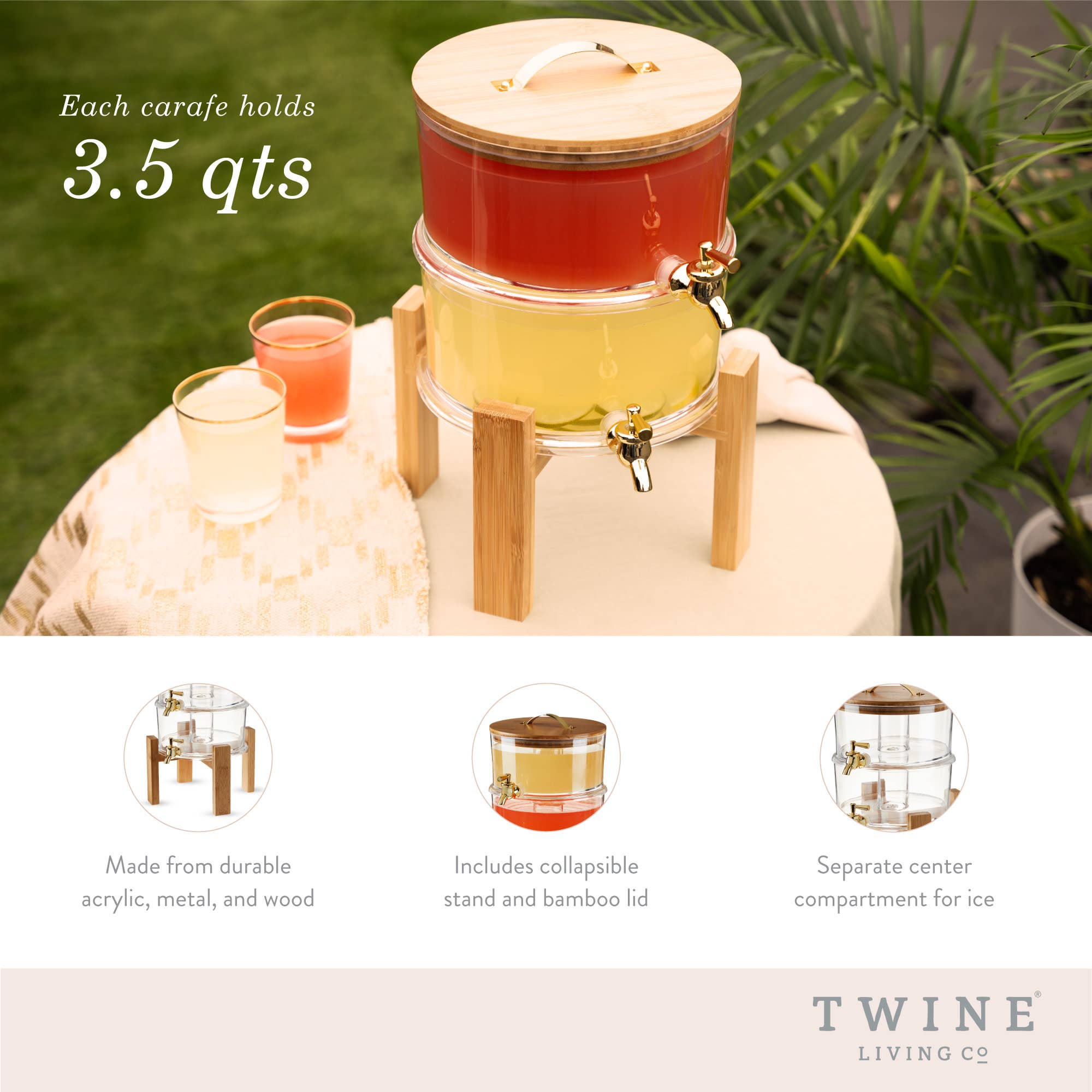 Twine - Vente Distributeur de boisson - Distributeur de boissons double en acacia et verre avec support pliable4
