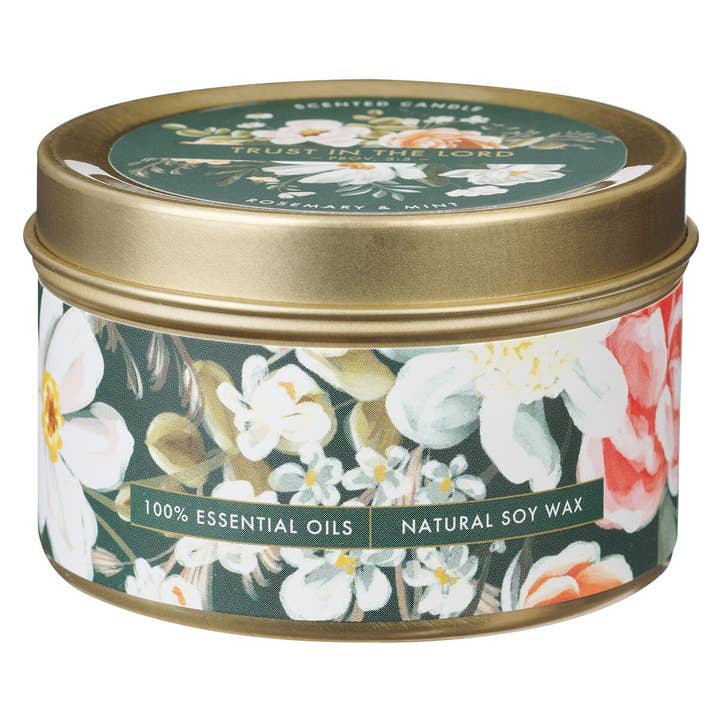 Christian Art Gifts - Wholesale Novelty Candle - Tin Candle Floral Green Trust in the Lord Prov. 3:5