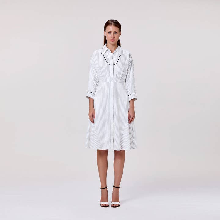 Shirt dress with fine stripes and flared hem for wholesale by Smart and Joy