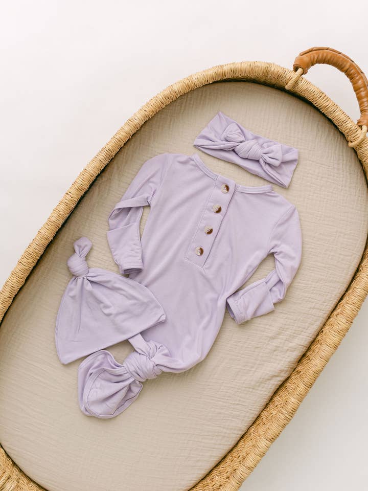 Stroller Society - Wholesale Babygown Set - Baby - Newborn Knotted Baby Gown, Bow, Hat Set - Baby Clothes Girl