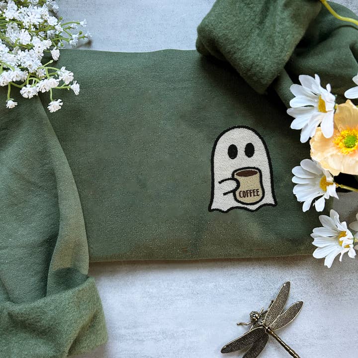 Plantiful Design Co - Wholesale Sweatshirt - Women's - Embroidered Halloween Ghost Drinking Coffee Sweatshirt2