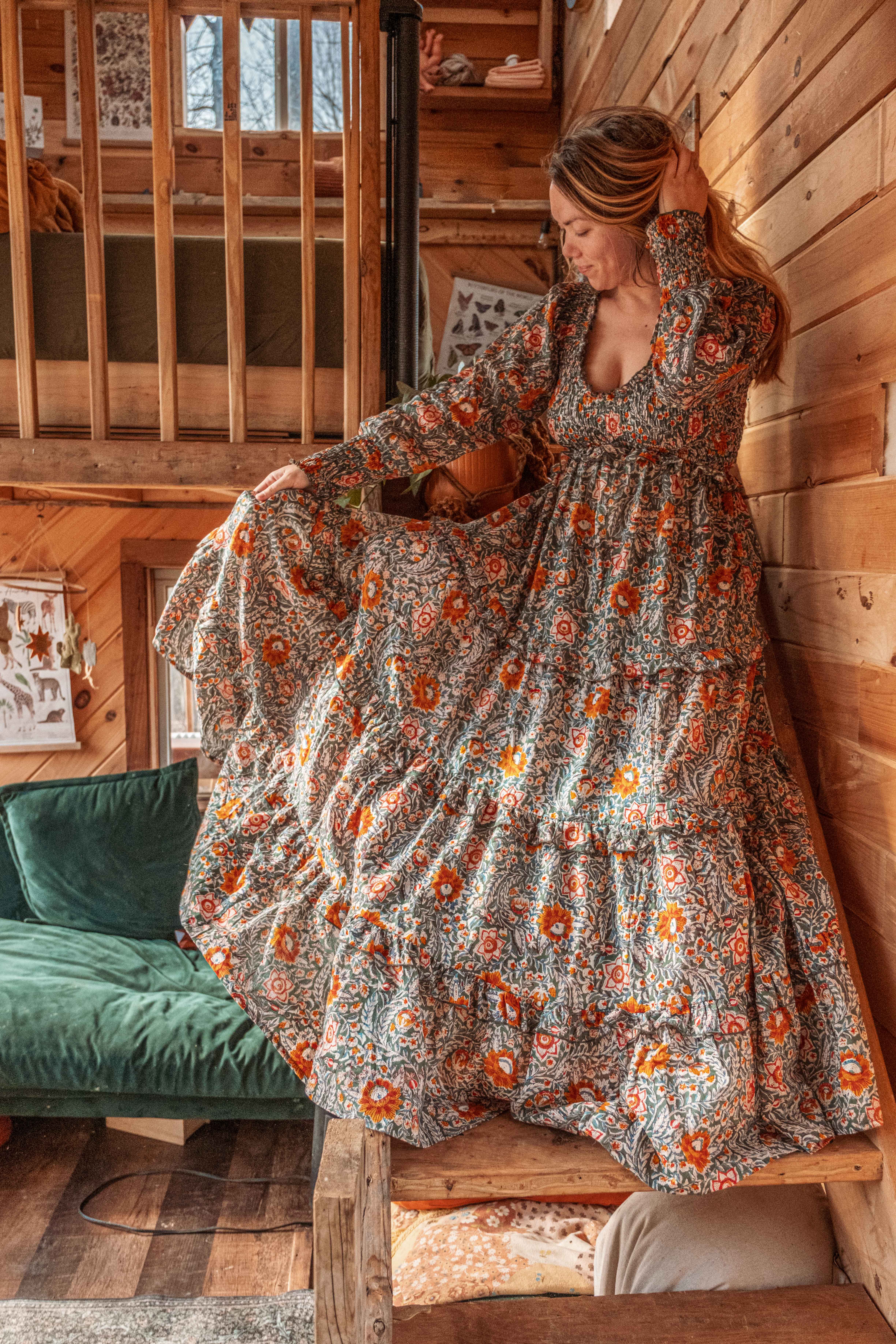 Gardenbelle Shop - Vente Robe – femme - Robe longue imprimée en blocs de coton biologique, robe florale EMILIA10