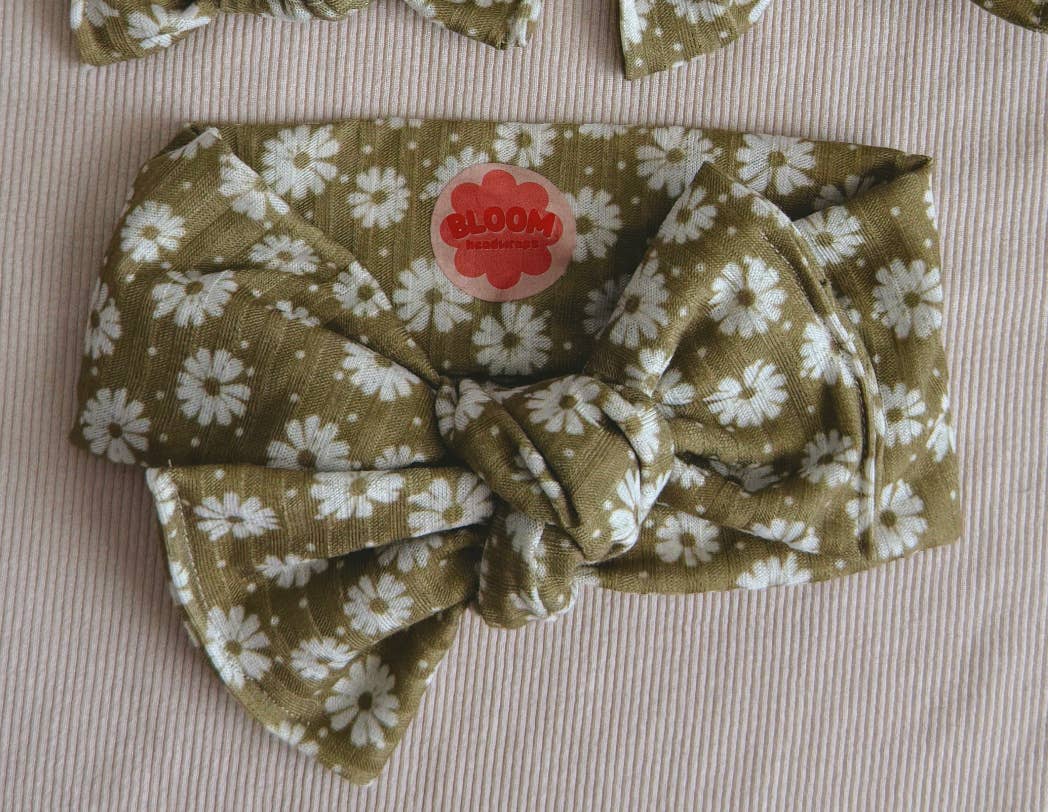 Bloom Headwraps - Wholesale Fashion Headband - Baby - Olive Daisy Ribbed Tie On Headwrap