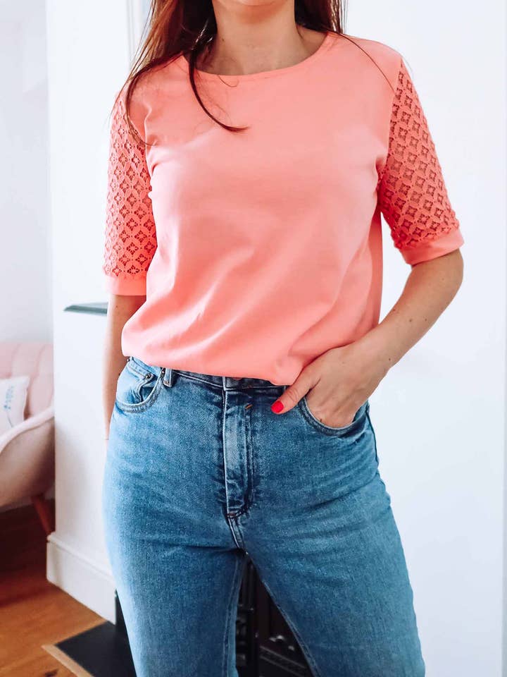 Coral Cotton Lace Sleeve T-Shirt for wholesale by Sophie Cameron Davies
