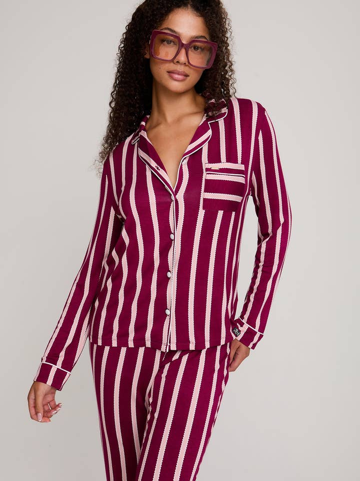 Bamboo Long Pyjama Set in Bordeaux Stripe for wholesale on Faire3
