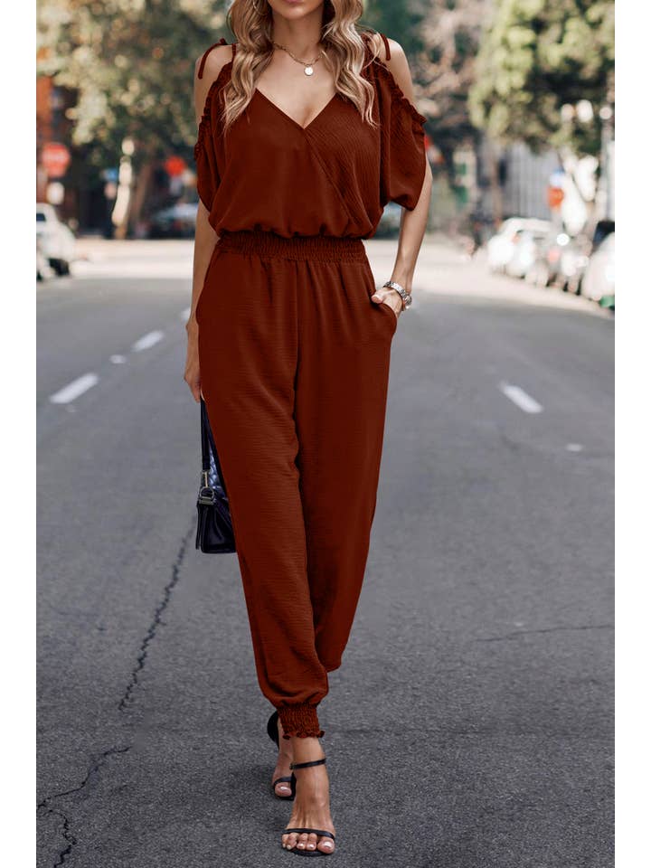 eLook – Großhandel Jumpsuit – Damen – SZ1-J9004 Schulterfreier Wickeloverall mit gesmokter Schulterpartie30