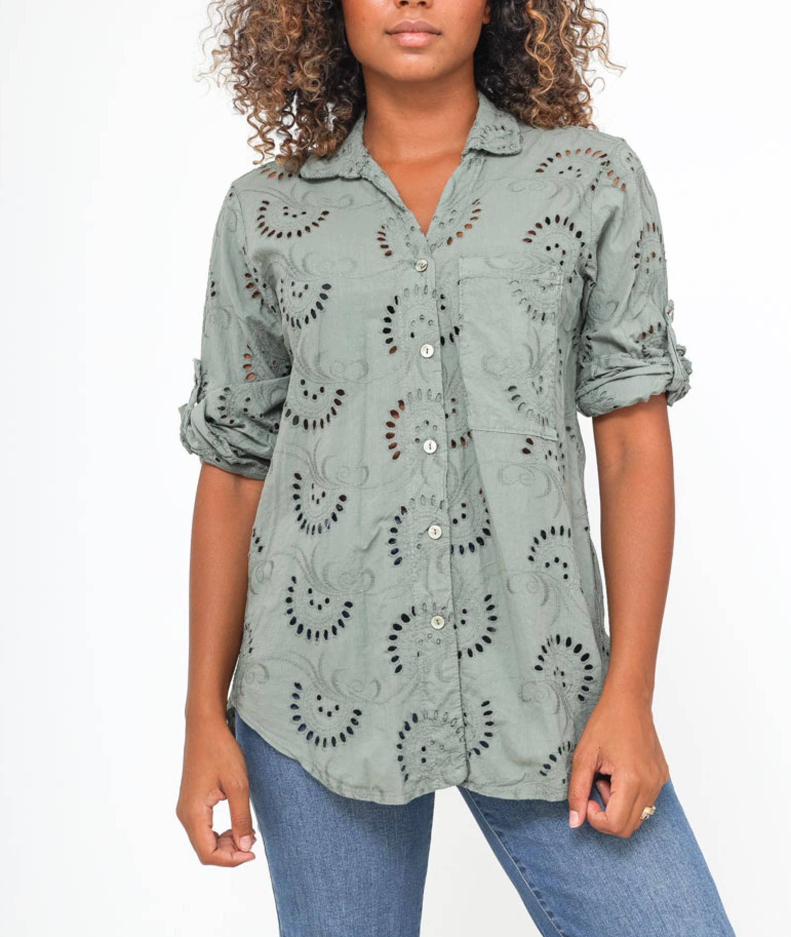 Happy look - Wholesale Button Down Shirt - Women's - English embroidery shirt with chest pocket0