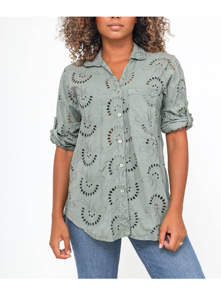 Happy look - Wholesale Button Down Shirt - Women's - English embroidery shirt with chest pocket