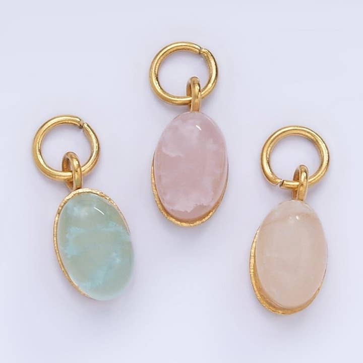 Stainless Steel Clear, Pink, Teal Agate Gemstone Oval Charm | P985 for wholesale by Aim Eternal