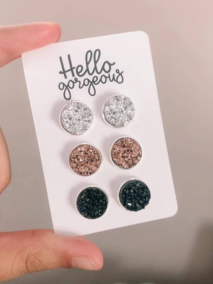 Warm Neutral Druzy Stud Earring Set | Giftable Jewelry Set for wholesale by threefourteen