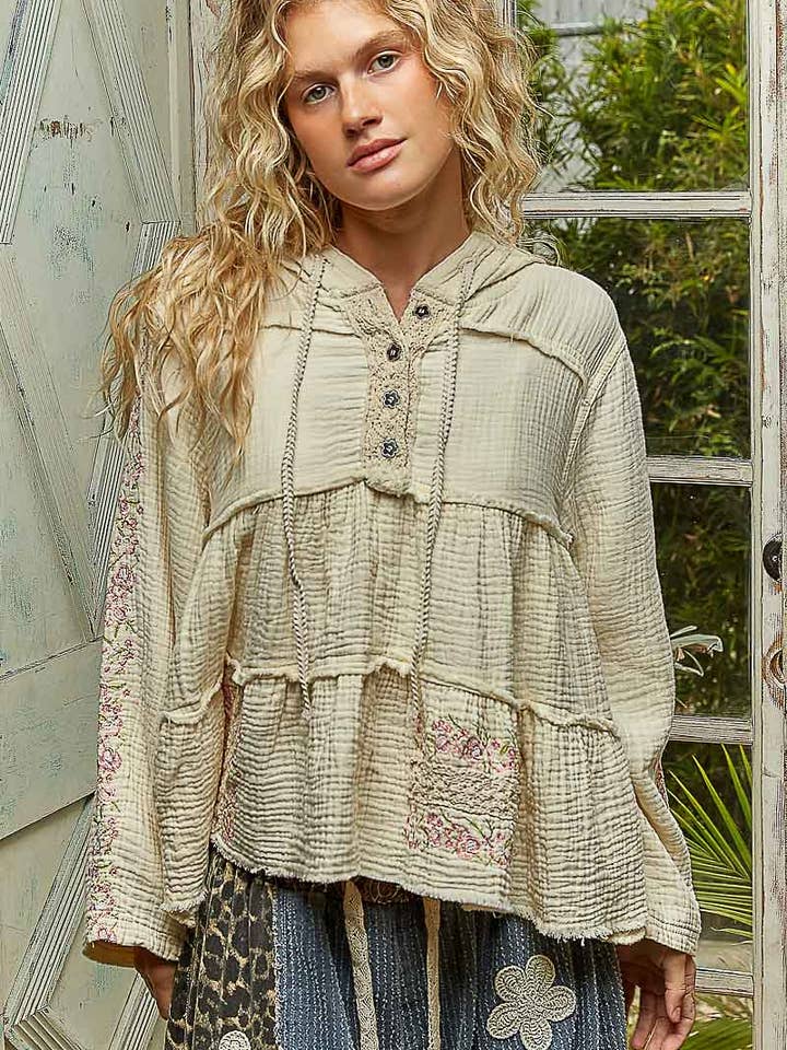 Long Sleeve Double Gauze Embroidery Shirring Woven Top for wholesale by Pol Clothing