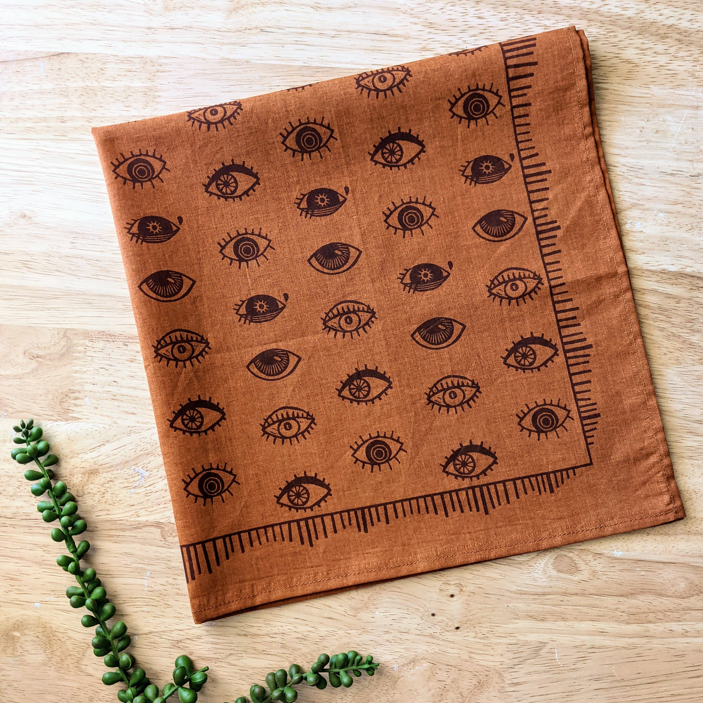 ilikesara | art + goods - Wholesale Bandana - Unisex - bandana | eyeball - orange & brown folky blockprint eye scarf neckerchief9