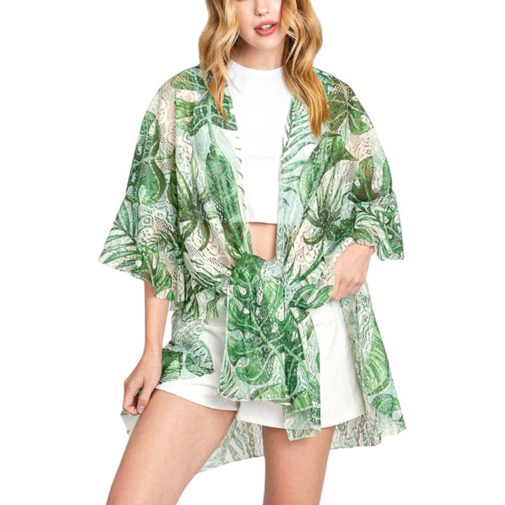 Tropical Leaf Printed Lace Kimono Cardigan for wholesale by LA Jewelry Plaza