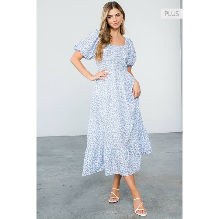 Maat XL Witte Gesmokte Midi-jurk met Blauwe Bloemen Korte Mouwen voor wholesale door THML