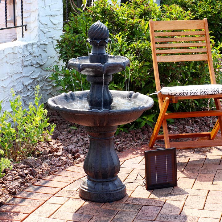 Outdoor 2-Tier Solar Water Fountain with Battery - Black for wholesale by Sunnydaze Decor