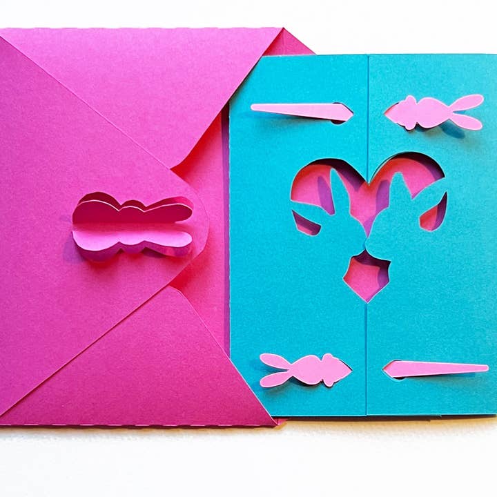 Paper Cut Bunny Easter Ostara Love Card for wholesale by Squirrel Tacos Papercuts