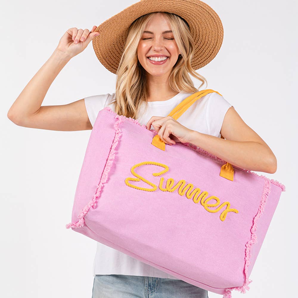 Sensibling Corp. - Venta al por mayor Bolsa de asa- Mujer - Bolso de playa de lona con flecos y mensaje bordado SUMMER0