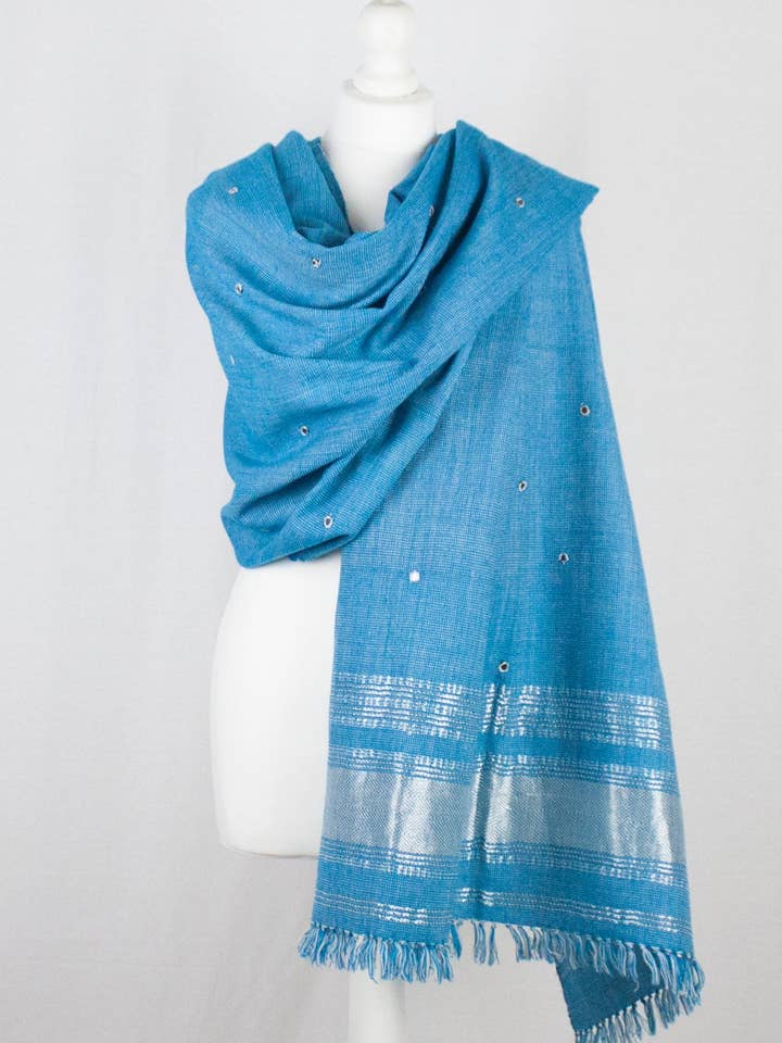 Châle en laine avec bordure en lurex - Turquoise pour la vente par SVEZElife