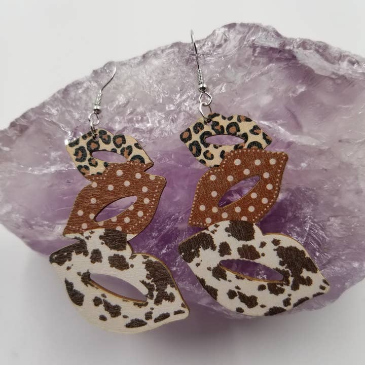 Western Kiss Leopard Wooden Earrings for wholesale by magnolia jewelry
