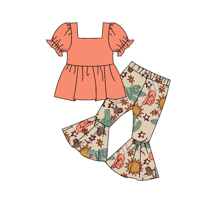 Aier Wholesale - Wholesale Top & Pant Set - Kids - Baby Girls Western Tunic Cactus Bell Pants Clothes Sets2