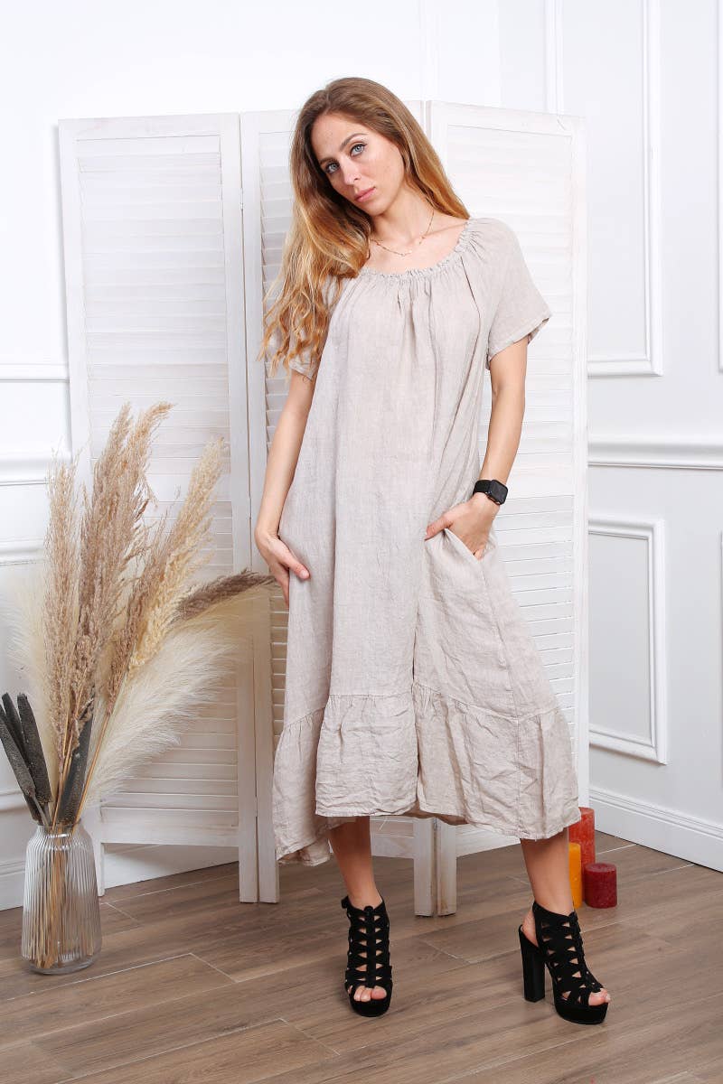 Happy look - Wholesale Dress - Women's - Long Linen Dress with Short Sleeves and Elastic Collar20