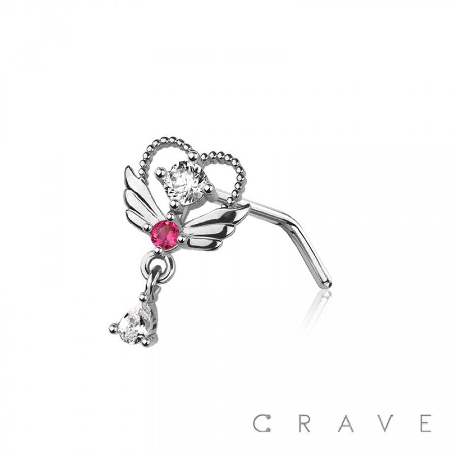 CRAVE - Wholesale Nose Ring - WINGED HEART RED CZ 316L SURGICAL STEEL L-SHAPE NOSE STUD1