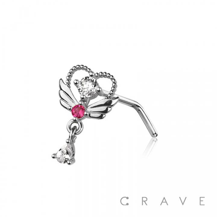 CRAVE - Vente Anneau de nez - CLOU NASAL EN FORME DE L EN ACIER CHIRURGICAL 316L ROUGE EN FORME DE CŒUR AILÉ1