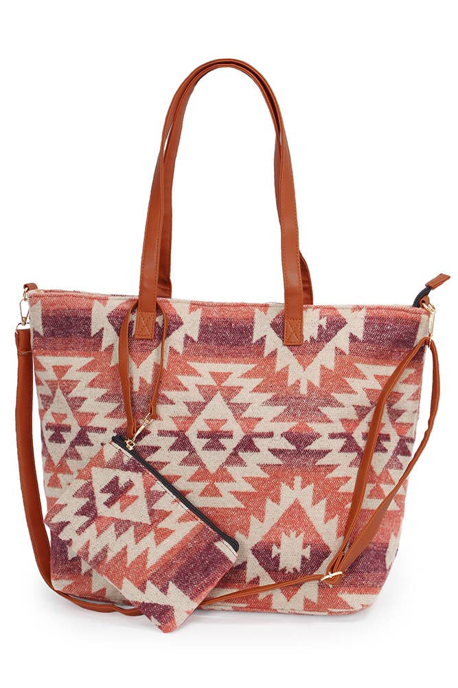 Hana - Wholesale Tote Bag - Women's - Western Weekend Aztec Pattern Tote Bag With Pouch0