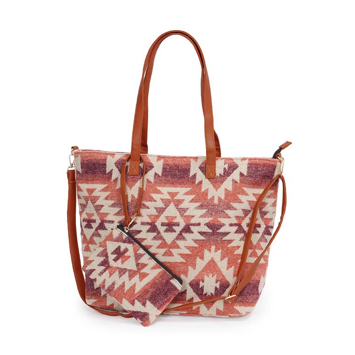 Hana - Wholesale Tote Bag - Women's - Western Weekend Aztec Pattern Tote Bag With Pouch