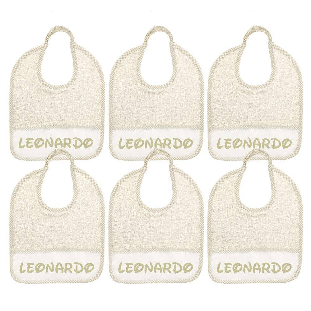 Almatex srl – Engroshandel Hagesmæk - Baby – 6 små hagesmække 24x27 med ELASTIK, tilpasset med det navn, du ønsker.5