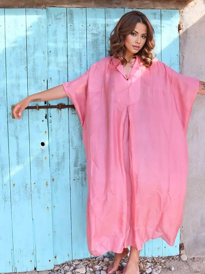 Exclusive luxury Silk kaftan light pink for wholesale by Aurobelle Ibiza