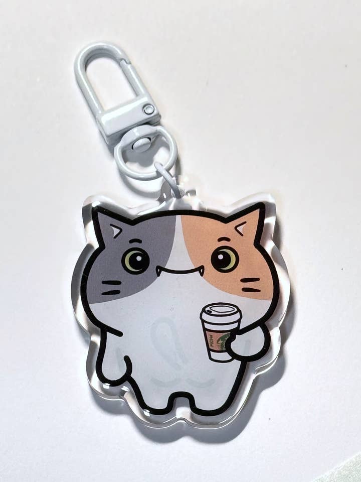 Calico Cat with Coffee Drink Acrylic Keychain for wholesale by Small Noggin Studios