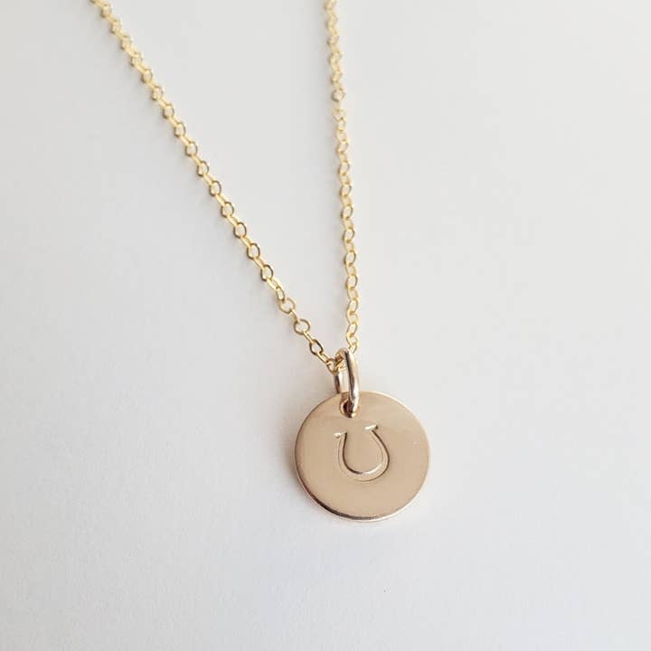 Hand Stamped Lucky Horseshoe Half-Inch 14KGF Charm Necklace for wholesale by E. Ria Designs, LLC