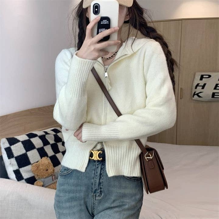 UZ Wholesale Store - Wholesale Hoodie - Women's - Solid Color Short Hoodie With Double Zippers-Knit Sweater