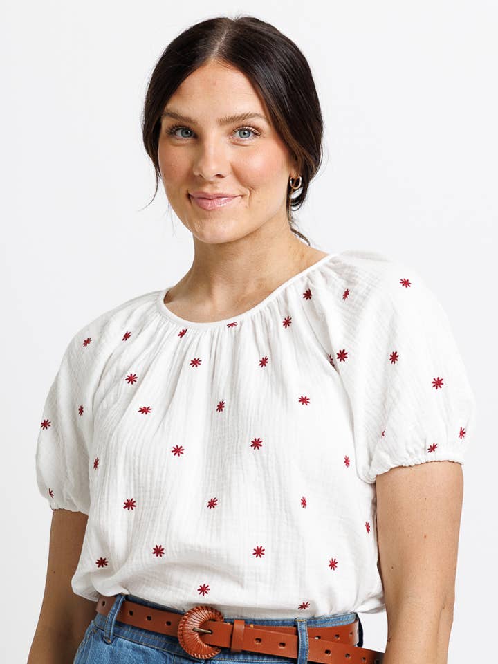 Red Stars Cecilia White Short Sleeve Scoop Neck Loose Fitting Blouse for wholesale on Faire