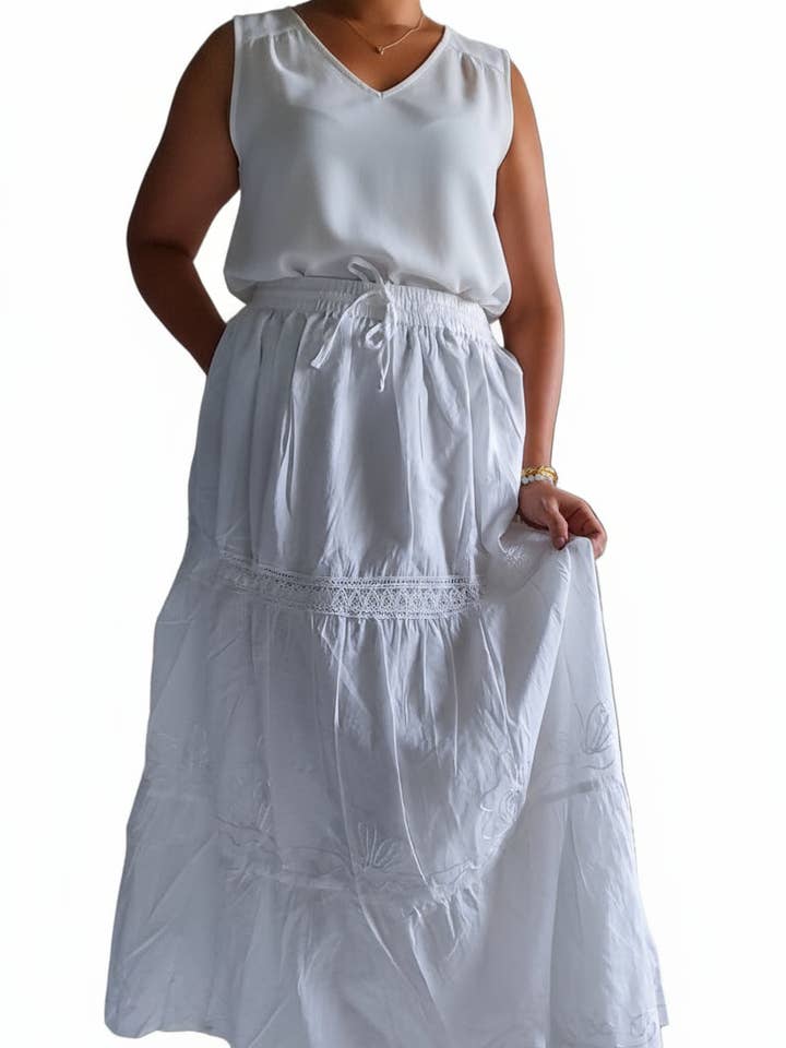 White Cotton Embroidery Skirt CS004 for wholesale by India Batik