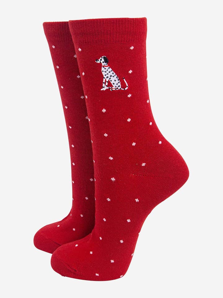 Women's Embroidered Ankle Socks - Red, Dalmatian Polka Dot for wholesale by Sock Talk