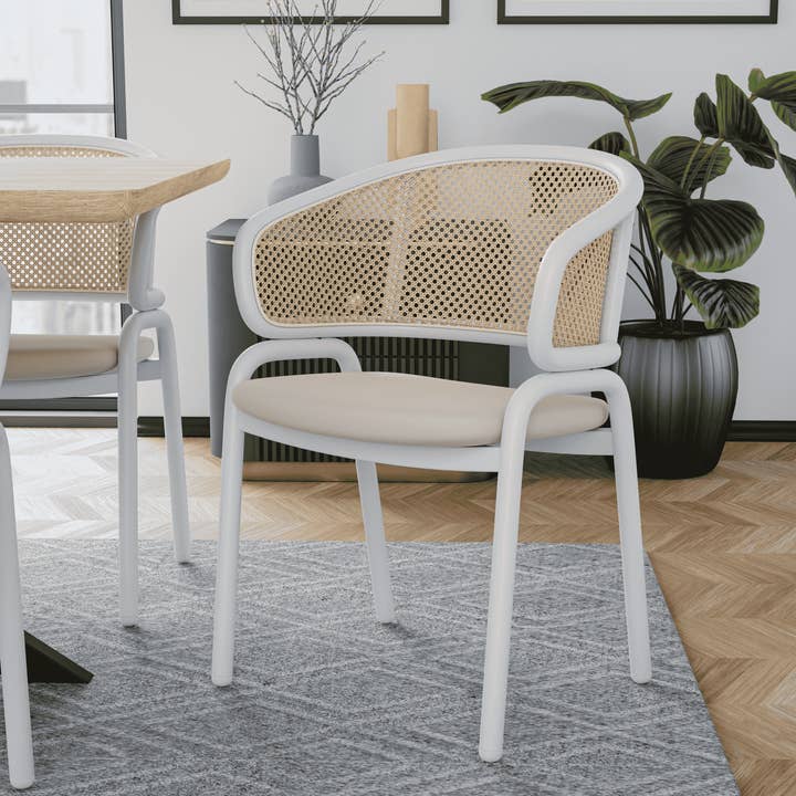 Sedia da pranzo con braccioli in velluto e rattan Ervilla Mid-Century Modern. per la vendita all'ingrosso da parte di LeisureMod