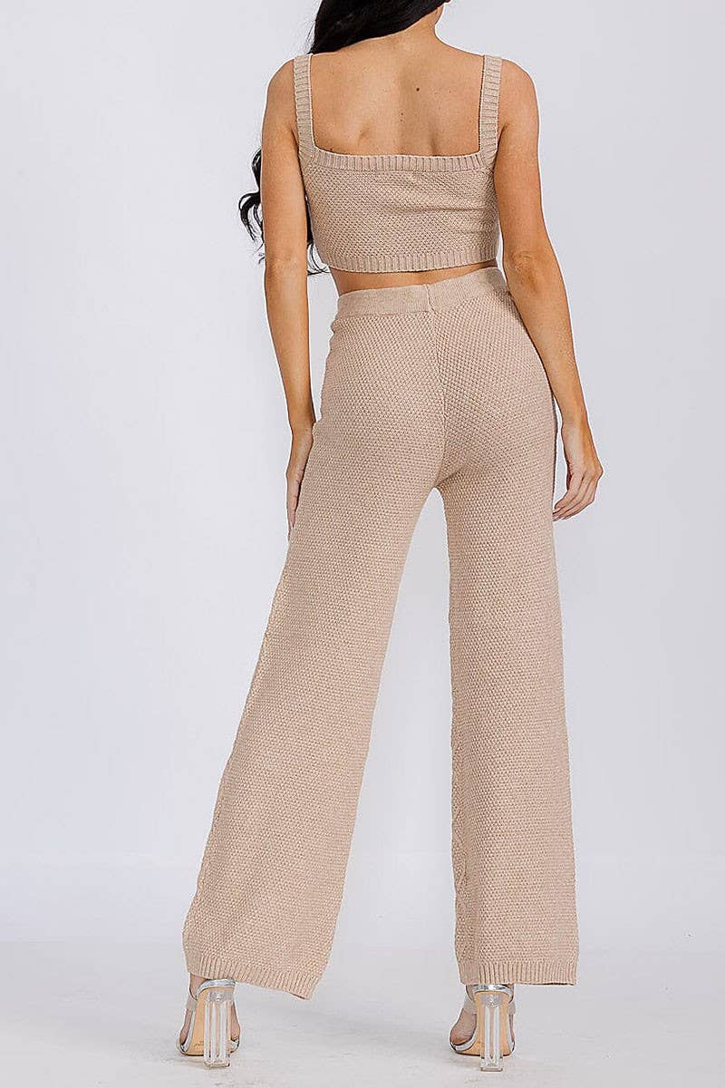 TAUPE SLEEVELES CROP TOP ELASTIC WAIST PANTS WAFFLE SET for wholesale on Faire2