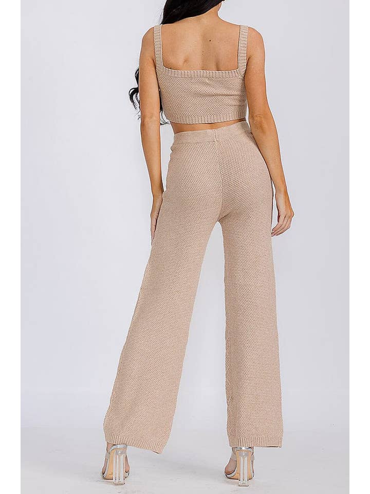 TAUPE SLEEVELES CROP TOP ELASTIC WAIST PANTS WAFFLE SET for wholesale on Faire2