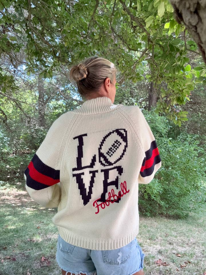 Love Football Varsity Cardigan in Ivory for wholesale by Pink Pineapple