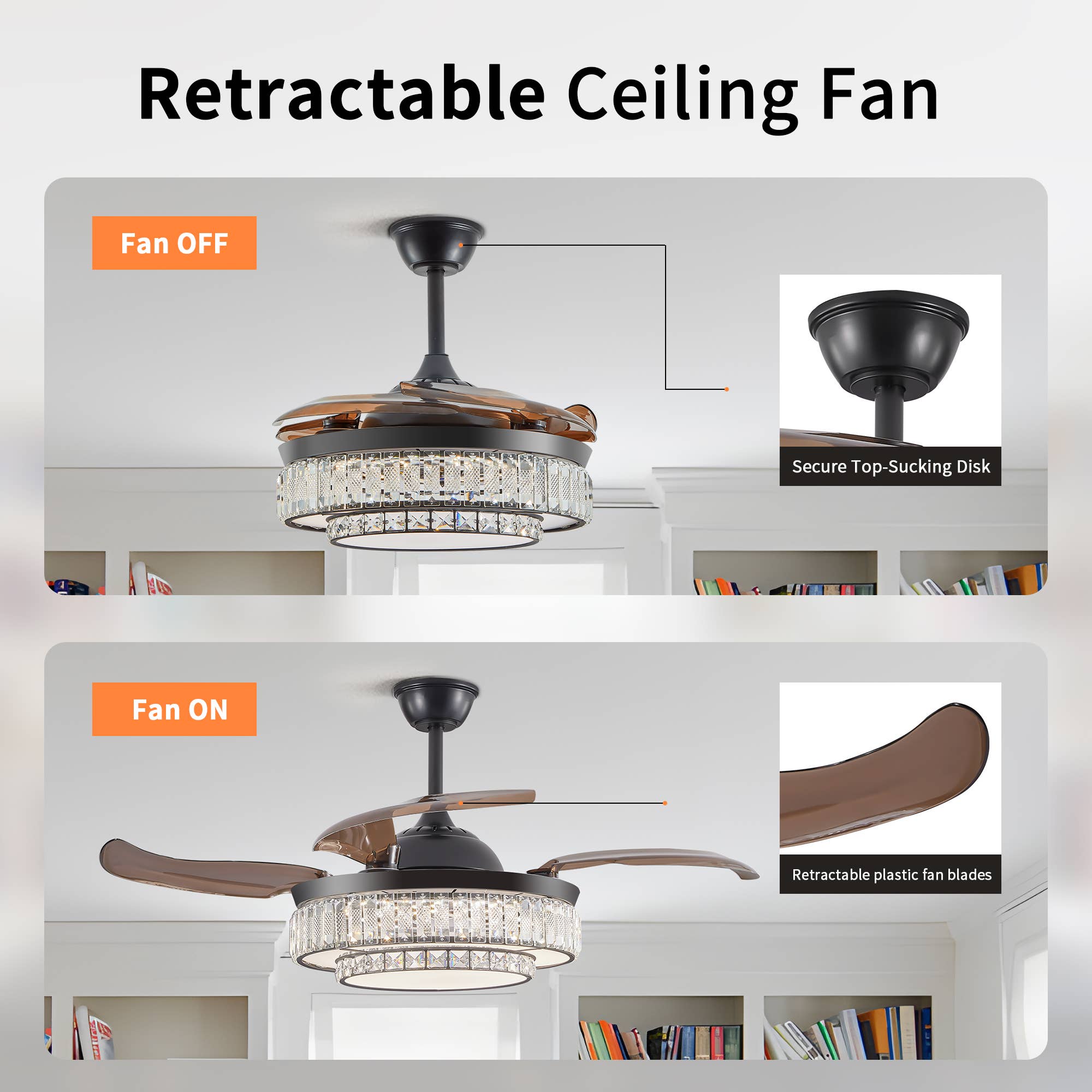 Black LED Retractable Ceiling Fan with Light and Remote Control for wholesale on Faire2