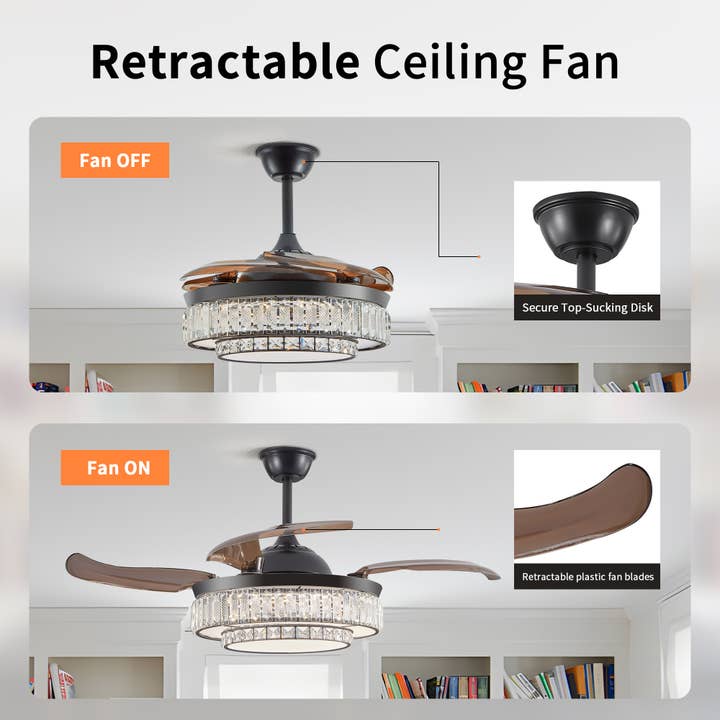 Black LED Retractable Ceiling Fan with Light and Remote Control for wholesale on Faire2